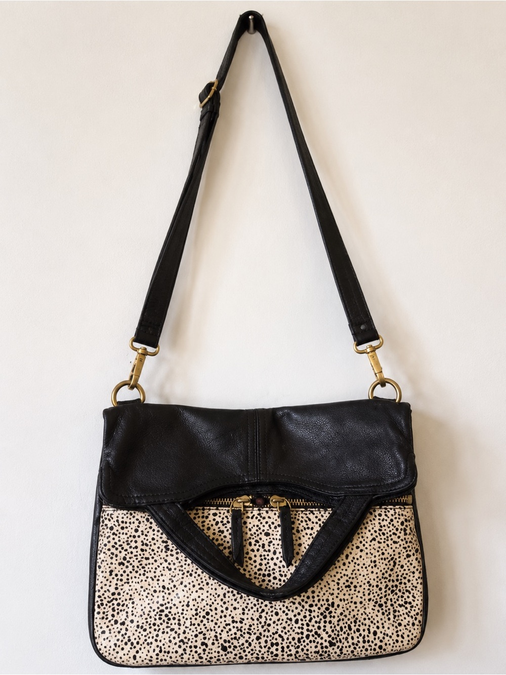 Fossil Black Leather Satchel Crossbody calf hair Speckled Purse vintage Y2K